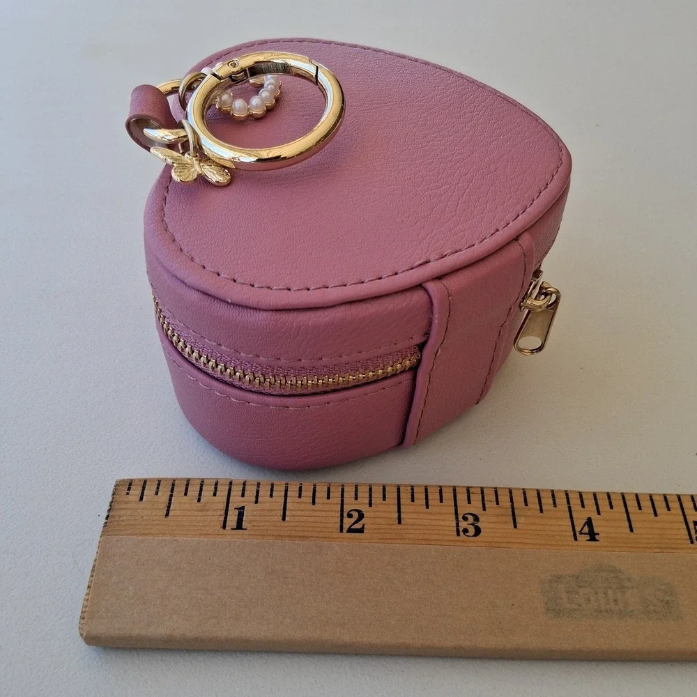 Compact Pink Heart Shaped Leatherette Jewelry Case Zipper Pocket Travel Storage